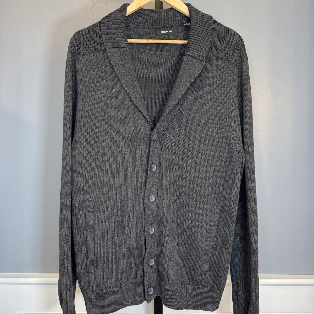 Claiborne Gray Cable Knit Cotton Button Up‎ Cardigan Mens Size L